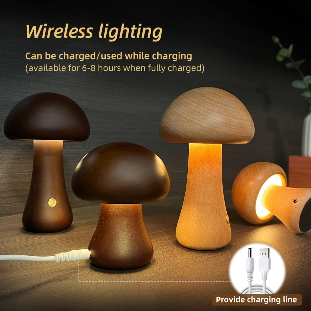 Wooden mushroom-shaped lamps with charging cable on a wooden surface