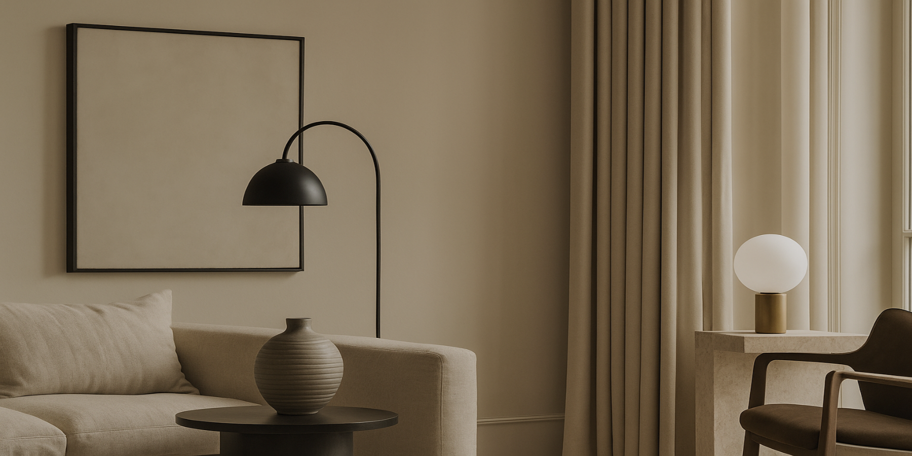 Modern living room with a beige sofa, black floor lamp, and decorative items.